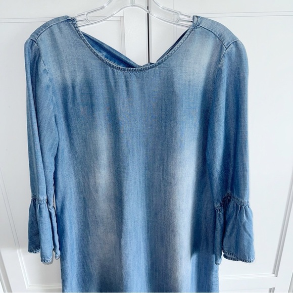 Anthropologie Cloth & Stone Blue Chambray Dress Tie Back Bell Sleeve Sz Small - Picture 5 of 10